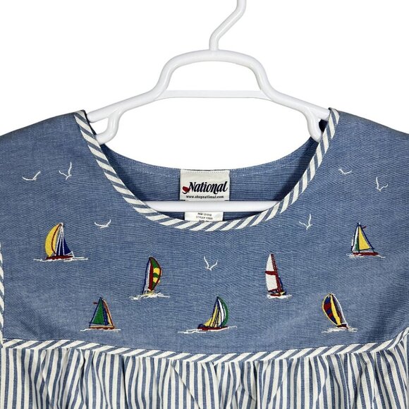 National Women 2X Chambray Striped Nautical Embroidery Dress Costal Beachy Artsy - Picture 4 of 15